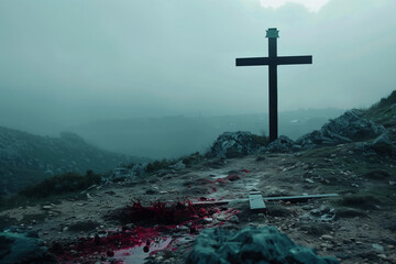 Empty Cross of Christ on a Foggy Hilltop with Bloodstained Ground Symbolizing Death and Resurrection During Holy Week
