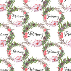 Watercolor seamless pattern with circle frame figure skates and fir tree with pine cone on white background. Grapefruit and lettering February. Art for winter celebration. Wrapping or wallpaper