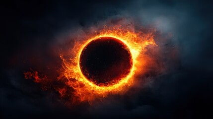 Fiery orb engulfed in flames, set against dark, smokey background, dramatic and intense