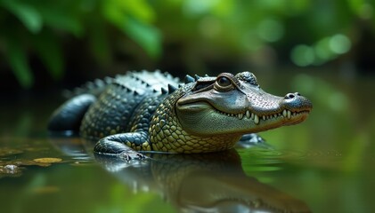 Fototapeta premium American alligator in Avery Island's jungle-like environment, tropical, camouflage, trees