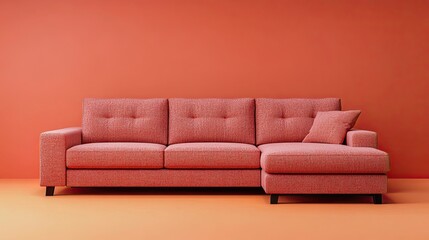 A cozy corner sofa bed with textured fabric and a matching ottoman, framed by a coral pink background