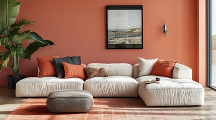 A cozy corner sofa bed with textured cushions and a matching ottoman, styled on a coral pink backdrop. 