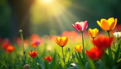 Fototapeta premium Sunlight dapples vibrant blooms, trowel rests nearby , beautiful, seeds