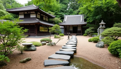 Poster de jardin 3D Serene Japanese Garden with Traditional Architecture and Pathway  © Kitta Studio