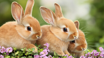 Obraz premium Three adorable rabbits sit among vibrant flowers, showcasing their soft fur and playful expressions in a serene outdoor setting.