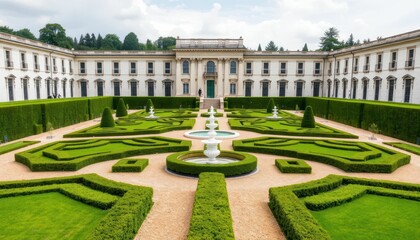 Obraz premium Elegant Formal Garden Design with Intricate Hedge Patterns and Fountains