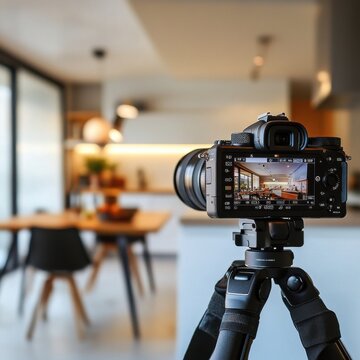 Modern Home Interior Photography Setup with Mirrorless Camera on Tripod