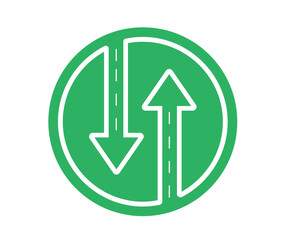 Two way traffic sign icon clipart. Two way road symbol clip art with up and down arrow with broken line in circle green board for vehicle traffic information vector illustration.
