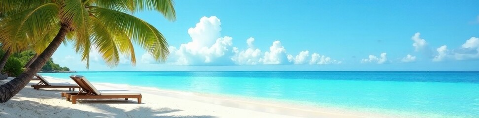 Calm turquoise sea, palm trees, lounge chairs on sandy beach, sea, summer banner, sand