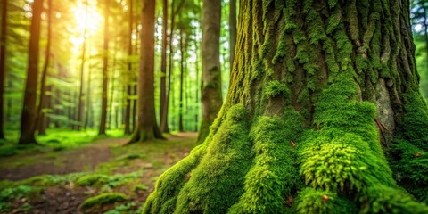 Obraz premium A close-up shot of a lush green moss growing on the trunk of a ancient tree in a dense forest , foliage, forest, foliage, forest