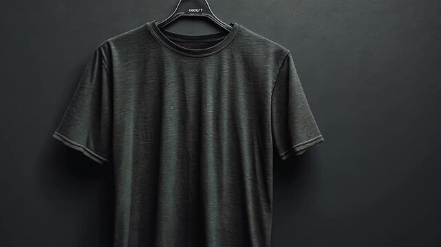 Dark gray t-shirt hanging on black hanger against dark gray background.  Possible use Clothing mockup