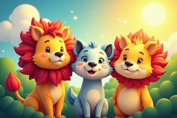 Obraz premium Bold cartoon animals, sunny faces, rainbow palette Light backdrop , child, cheerful pattern
