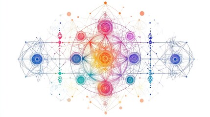 Abstract geometric mandala, colorful, interconnected lines, background, digital art, graphic design, educational material, for presentations, posters, or wallpaper