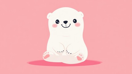 A happy cartoon polar bear sitting on a pink background