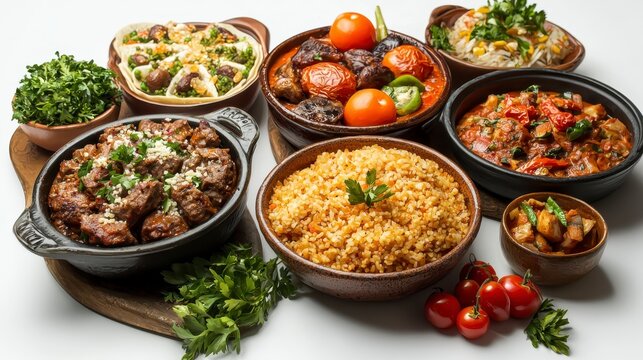 A variety of delicious food items on a table isolated on white background showcasing a beautiful culinary spread