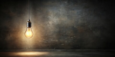 A dimly lit room with a single light bulb illuminated overhead, casting an eerie glow on the surrounding objects, atmosphere, quiet environment