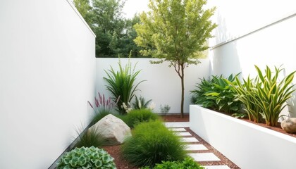 Fototapeta premium Tranquil Modern Garden with Lush Greens and Minimalist Design Elements