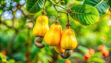 A vibrant yellow cashew fruit ripens on a tree branch in a lush tropical garden environment surrounded by green leaves and vibrant flowers, tree branch, nature