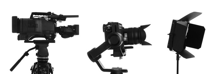 Different professional photographer's equipment on white background, set
