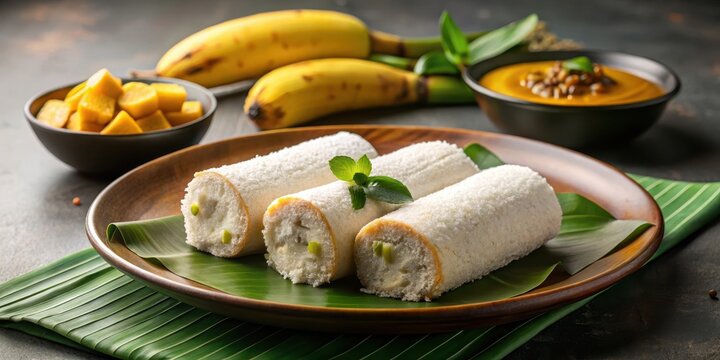 Traditional South Indian breakfast dish puttu made from rice flour and coconut flakes served with sliced banana and steaming hot kadala curry , banana, south indian