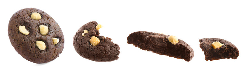 Yummy chocolate cookie with hazelnuts eaten step-by-step isolated on white, set