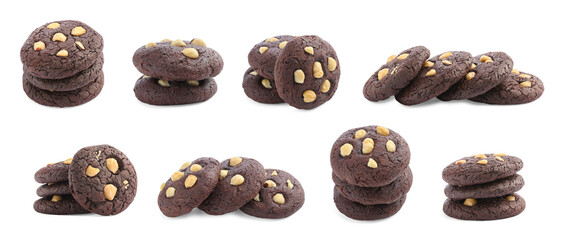 Yummy chocolate cookies with hazelnuts isolated on white, set