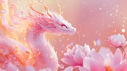 Pink dragon among flowers