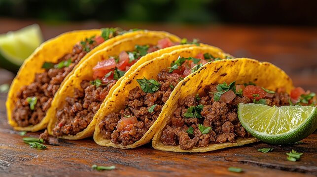 Four ground beef tacos garnished with lime, tomatoes, and cilantro on a wood surface