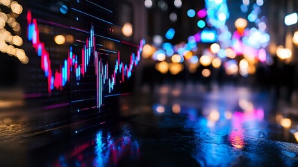Fototapeta premium Glowing financial chart with neon candlesticks reflected on wet surface against blurred city lights background, creating dynamic market analysis atmosphere.