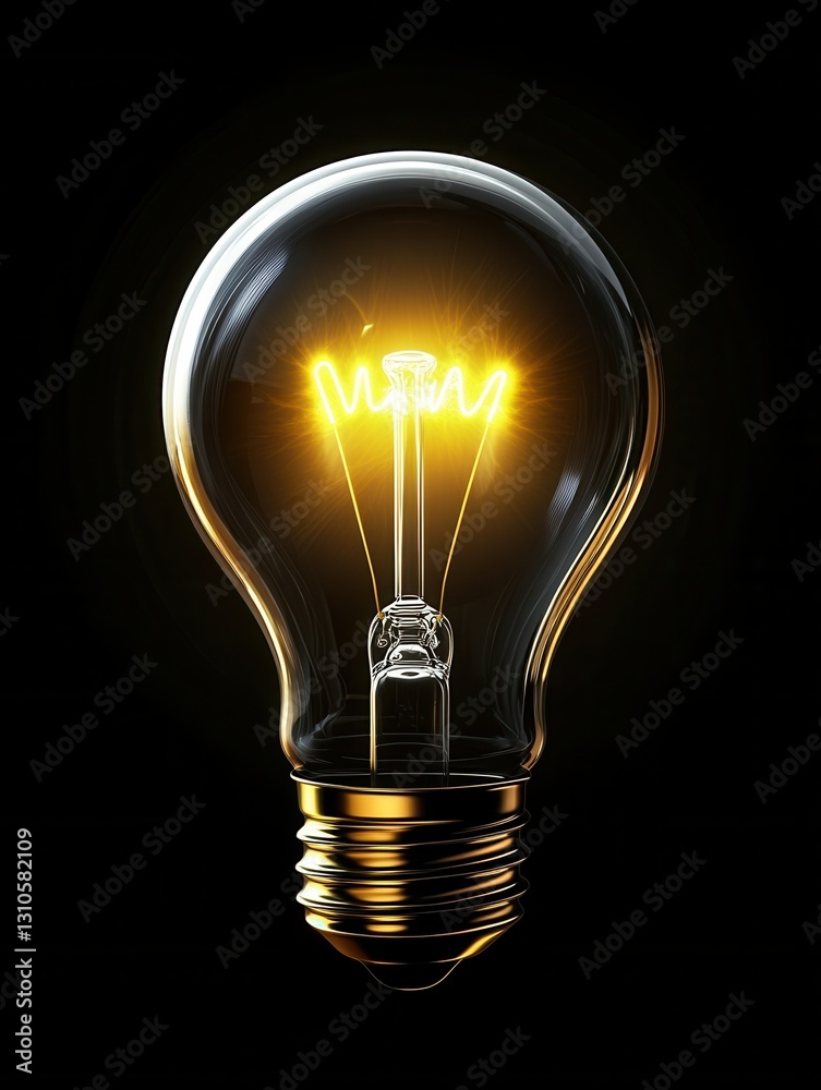 Poster minimalist glowing light bulb icon with bright yellow highlights in clean design against a dark back