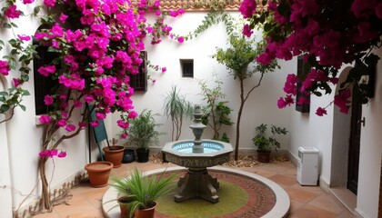 Serene Courtyard Oasis with Vibrant Bougainvillea and Fountain