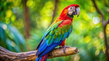 Obraz premium Macaw Perched on Branch, Green Feathers , bright plumage, natural habitat