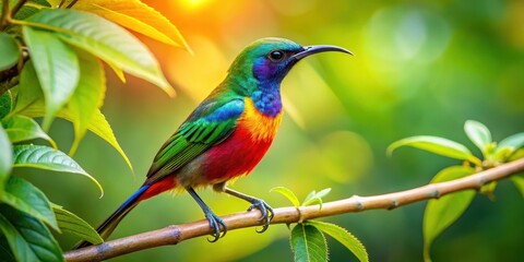 A vibrant sunbird perched on a slender tree branch in a lush green forest, its bright plumage glistening in the warm sunlight filtering through the leaves , tree, bird perch