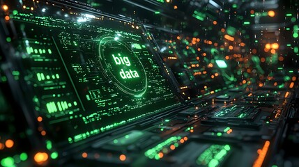 Futuristic data visualization with glowing green and orange lights on digital interface, circuit board patterns and holographic displays in dark environment.