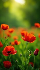 Fototapeta premium Scarlet poppies, lush green foliage, sunny summer day , flora, red, wildflowers