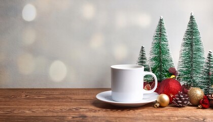 Wintery Scene White Ceramic Coffee Cup with Christmas Decorations on Rustic Wooden Table against a Cozy Winter Backdrop, Perfect for Digital Art, Home Decor, or Design Inspiration.