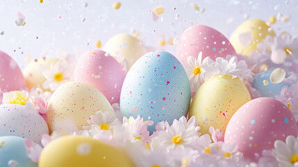 Colorful Easter eggs and pastel flowers in a soft-focus background