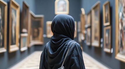 A woman wearing black observes art in a museum corridor