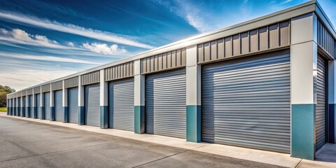Fototapeta premium Self storage unit with closed doors in a modern facility, featuring sleek lines and metallic accents, container storage, urban landscapes