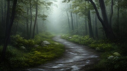 Obraz premium A misty landscape seamlessly transitions into a thick forest, with addition of hovering clouds enhancing enchanting atmosphere, highlighting interaction between wooded terrain and atmospheric elements