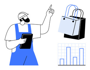 Worker in blue overalls holding a clipboard points upwards, illustrating analysis of shopping trends with a bar graph and shopping bags. Ideal for retail analytics, market research, e-commerce, data
