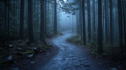 Obraz premium A misty landscape seamlessly transitions into a thick forest, with addition of hovering clouds enhancing enchanting atmosphere, highlighting interaction between wooded terrain and atmospheric elements