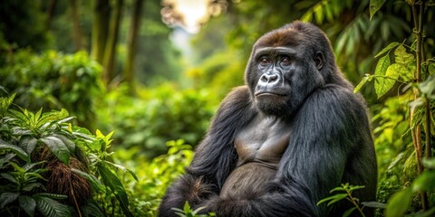 Obraz premium A majestic mountain gorilla sitting alone in the forest, animals, wild animal, animals, wild animal, solitary, primate