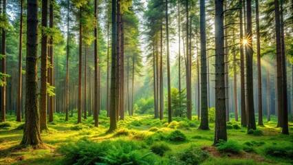 Obraz premium Dense forest with tall trees and undergrowth, landscape, trees, landscape, trees