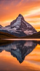 Snow Capped Rocky Massif Reflects Beautifully in Tranquil Waters During Sunset Generative AI