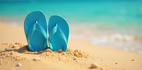 Fototapeta premium Blue flip flops partially buried in golden sand, flip flops, holiday, vacation time