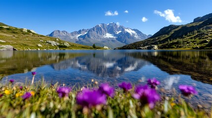 Tranquil alpine lake reflects snow-capped mountain peaks while vibrant purple wildflowers bloom in foreground, creating serene summer landscape in European Alps.