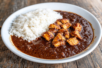a plate of white rice and chicken curry sits on the table,