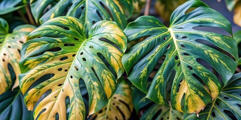Obraz premium Overwatered Monstera deliciosa leaves with black spots and yellowing edges, highlighting the damage caused by excess moisture , greenery deterioration, overwatered monstera