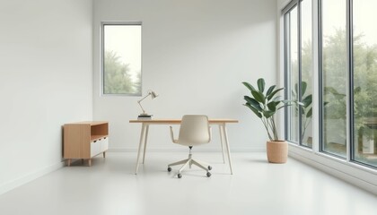 Minimalist office interior with desk, chair, plant, and window